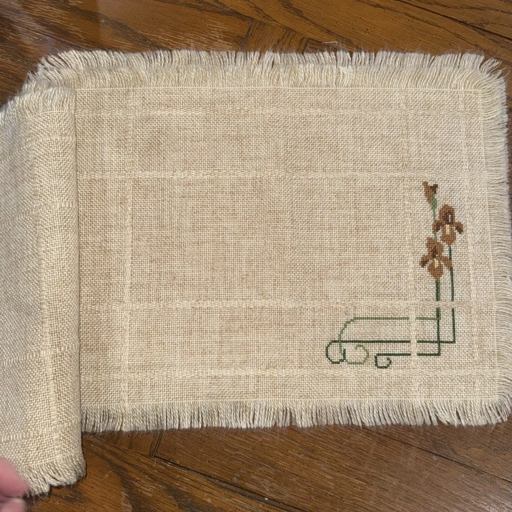 Cross Stitch Placemats 4 Tan Mat With Fringe With Brown Green Flowers 12